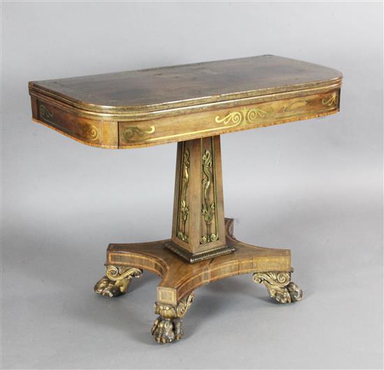 A Regency brass inset rosewood card table, W.3ft D.1ft 6in. H.2ft 5in.